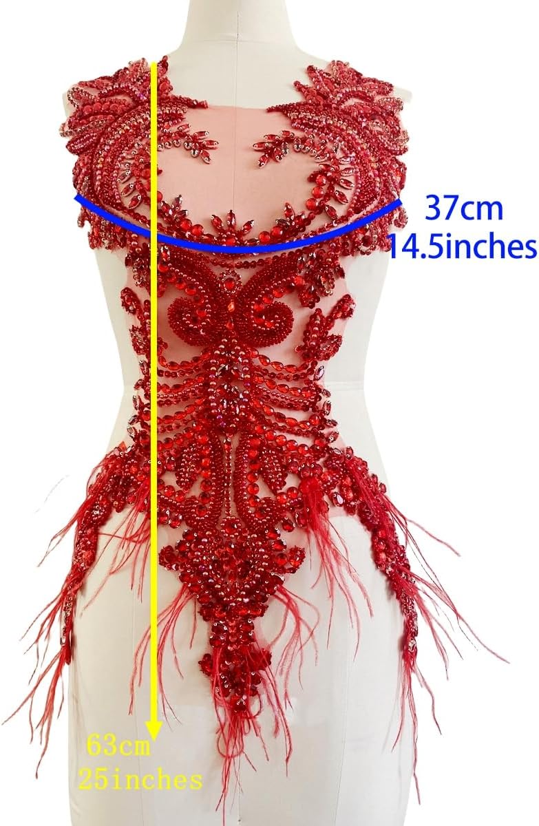 Handsewing Beads Trim Patches Rhinestones Bodice Applique with Ostrich Fur De...