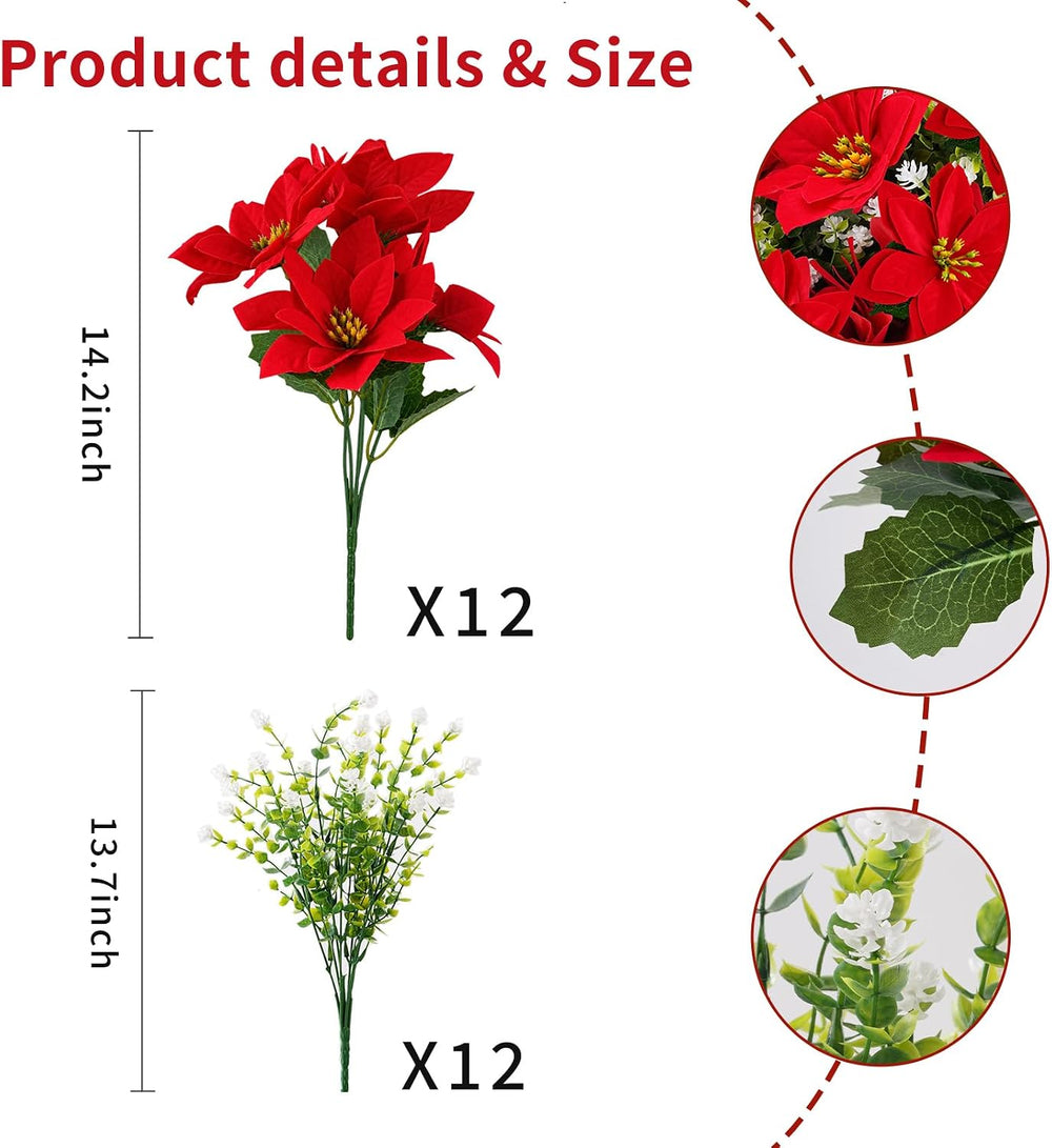 Artificial Poinsettias Christmas Flowers Mixed Outdoor Decor 24 Pcs