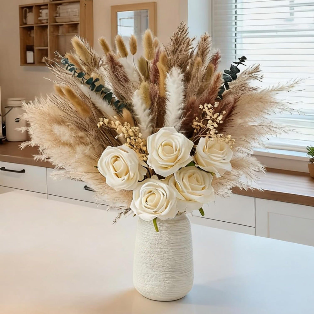 100 Pcs Pampas Grass with Vase, Boho Dried Flowers Table Centerpiece