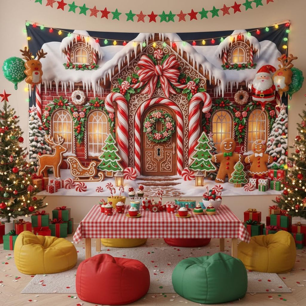 Christmas Gingerbread House Backdrop Banner Xmas Party Decor