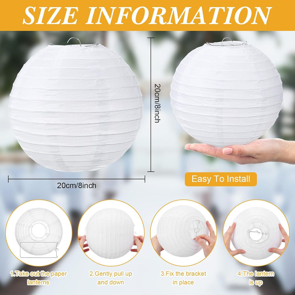 Treela 48pack White Chinese Paper Lanterns for Wedding Party Decor, 8"