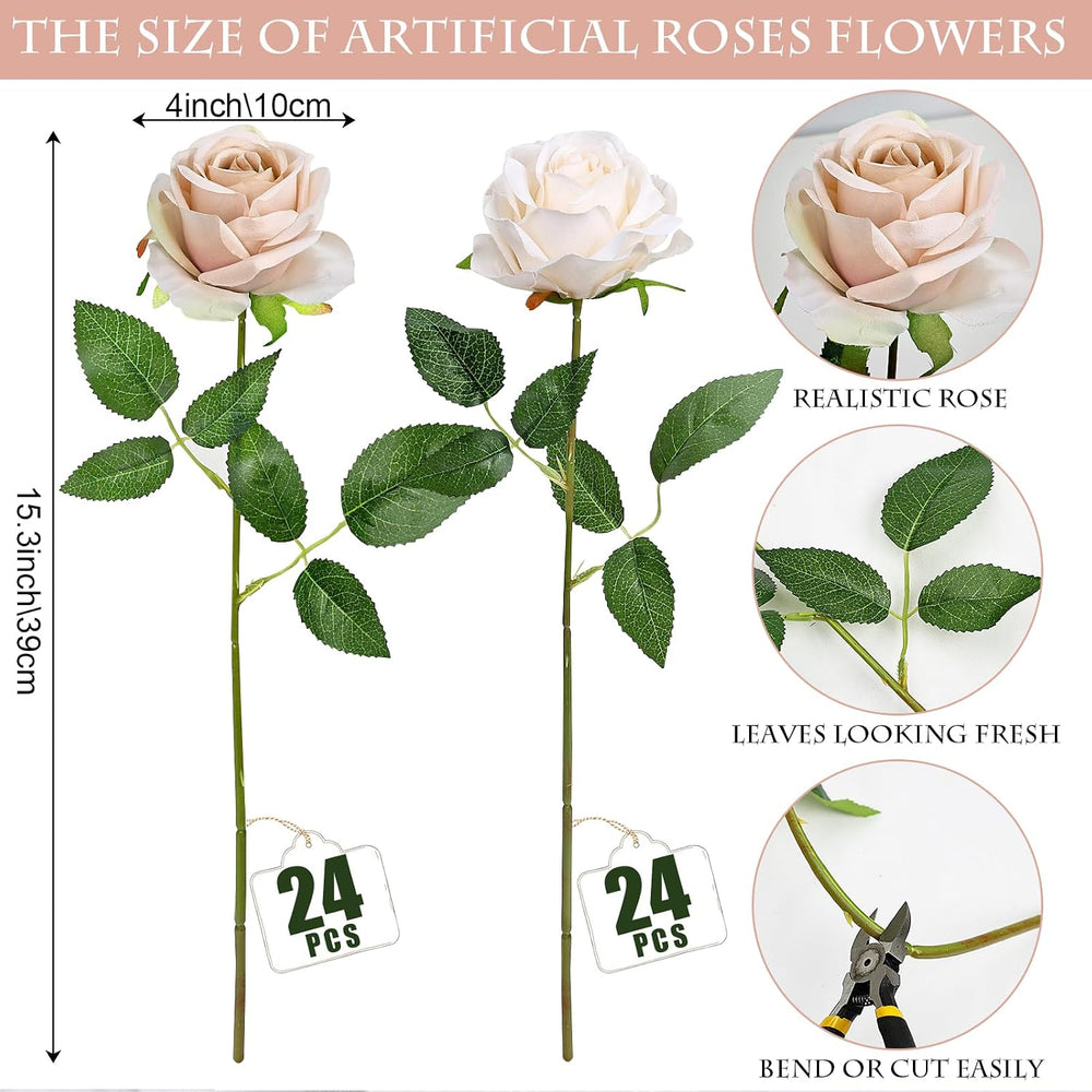 48 PCS Boho & Champagne Roses Artificial Flowers, Silk