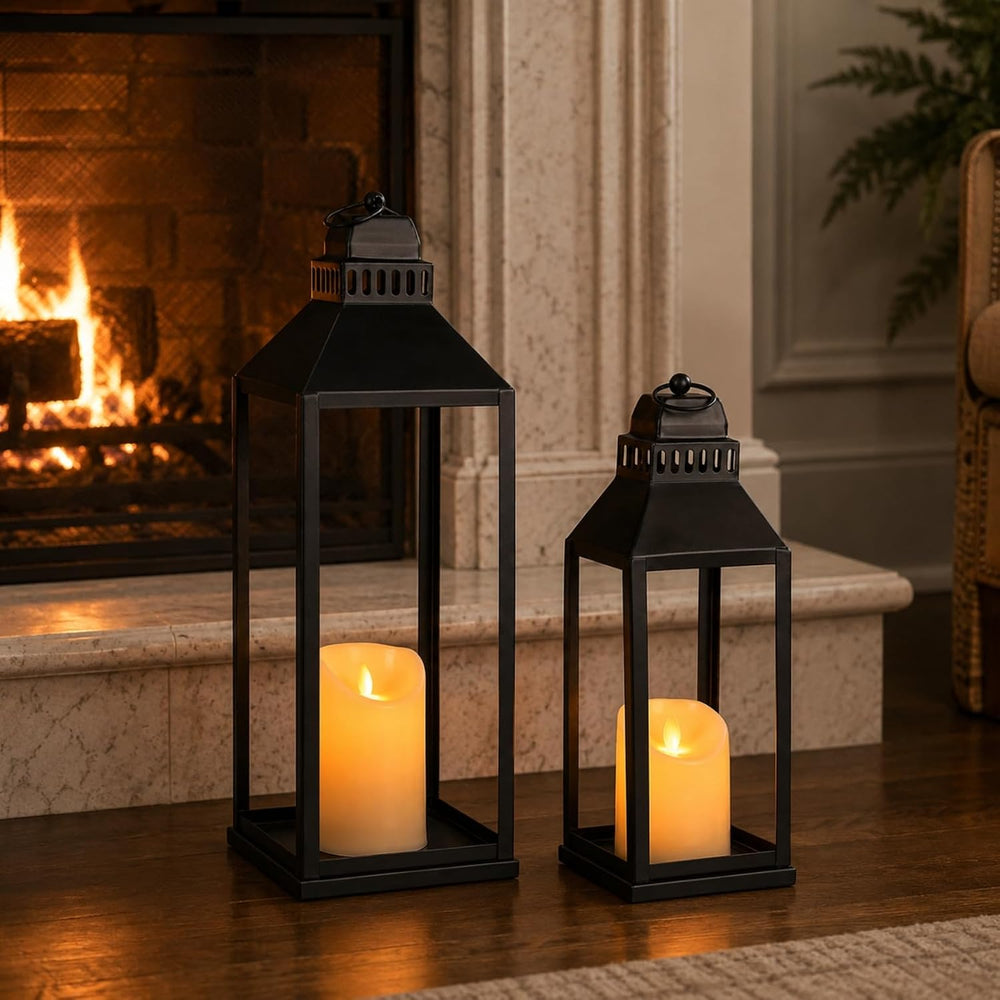 Decorative Lanterns Indoor Outdoor, 2Pcs 17" 13" Black Lantern with...