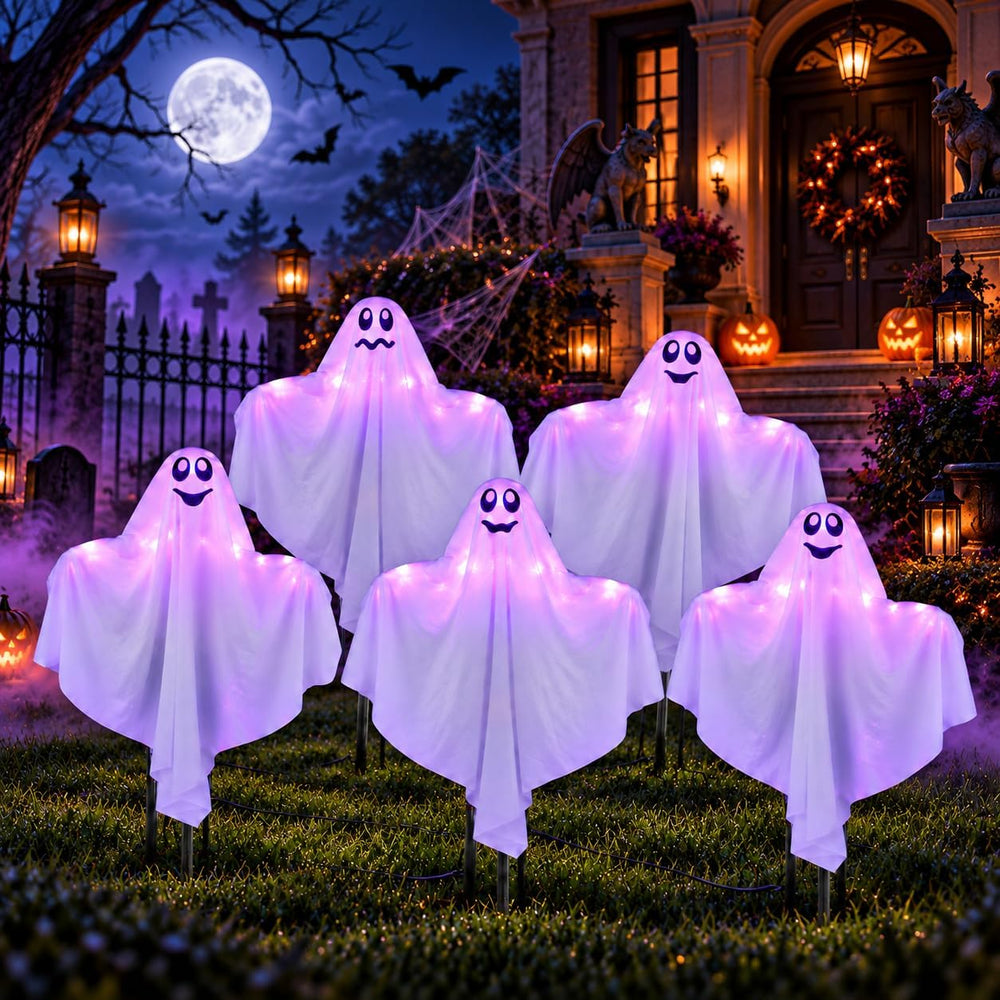 5 Pack Lighted Ghost Halloween Decorations Outdoor, 21" Cute Glowing Pur...