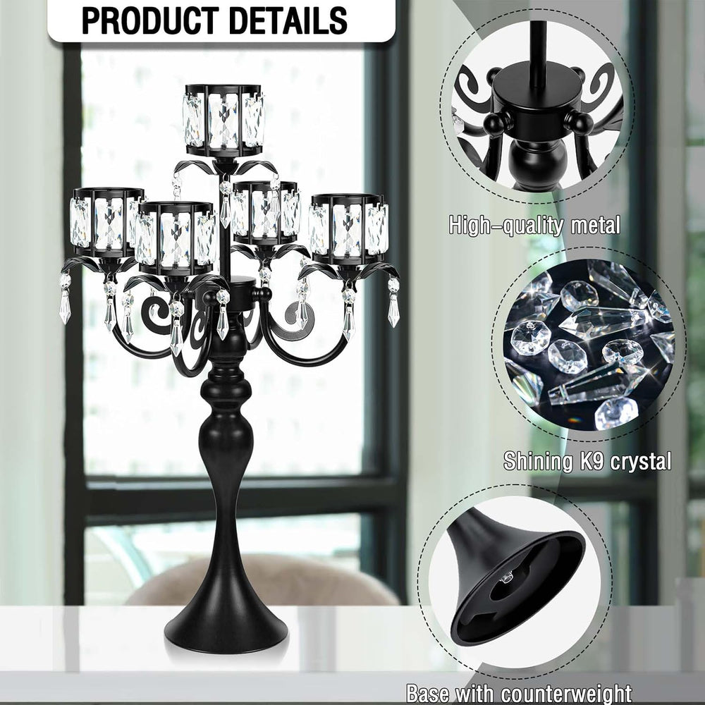 1PC Black 5-Arm Crystal Pendant Metal Candle Holder with Square Crystal Bowl,...