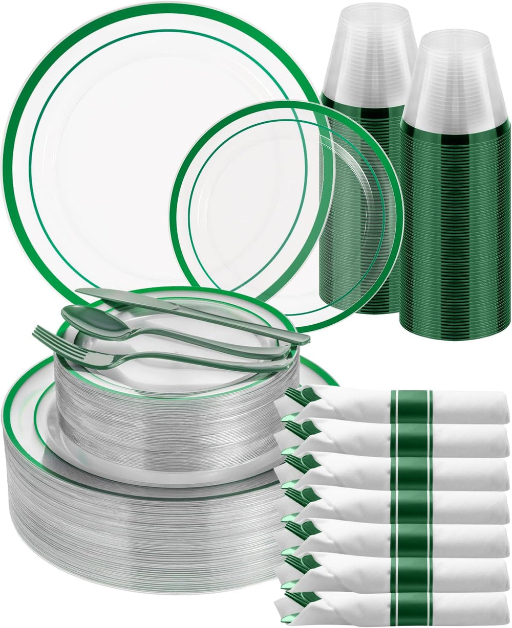 350 Pcs Clear Green Disposable Plastic Plates, Dinnerware Sets