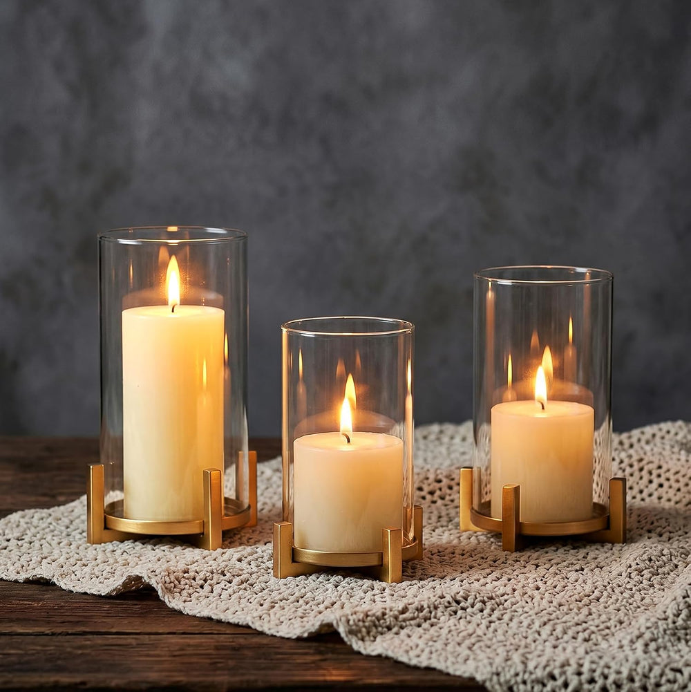 NUPTIO Gold Pillar Candle Holder: Hurricane Glass Candle Stands with Sleeve