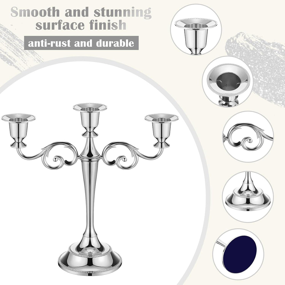 Dandat 2 Pcs 3 Arm Metal Candelabra Silver Candlestick Holders 10 Inch
