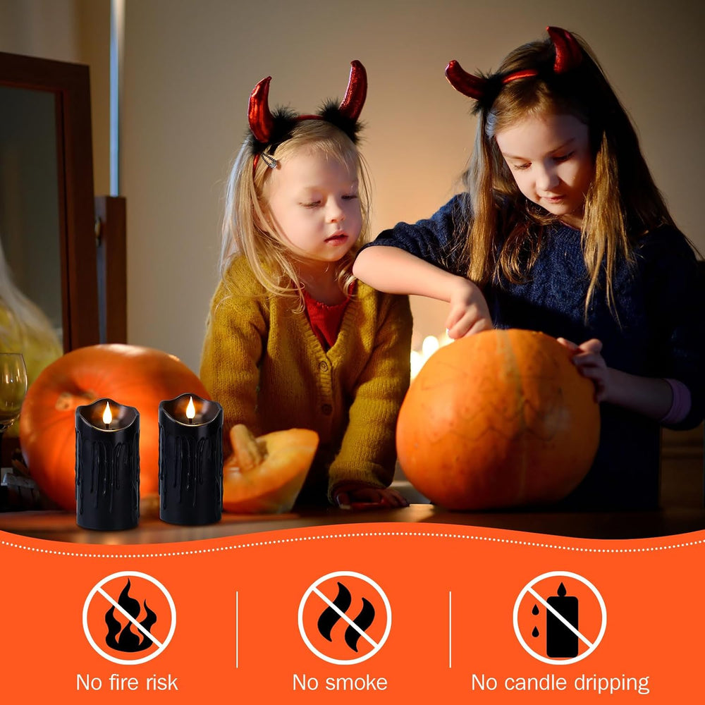 4 Pack Halloween Black Flameless Pillar Candles with Remote, 3 x 6 Inch