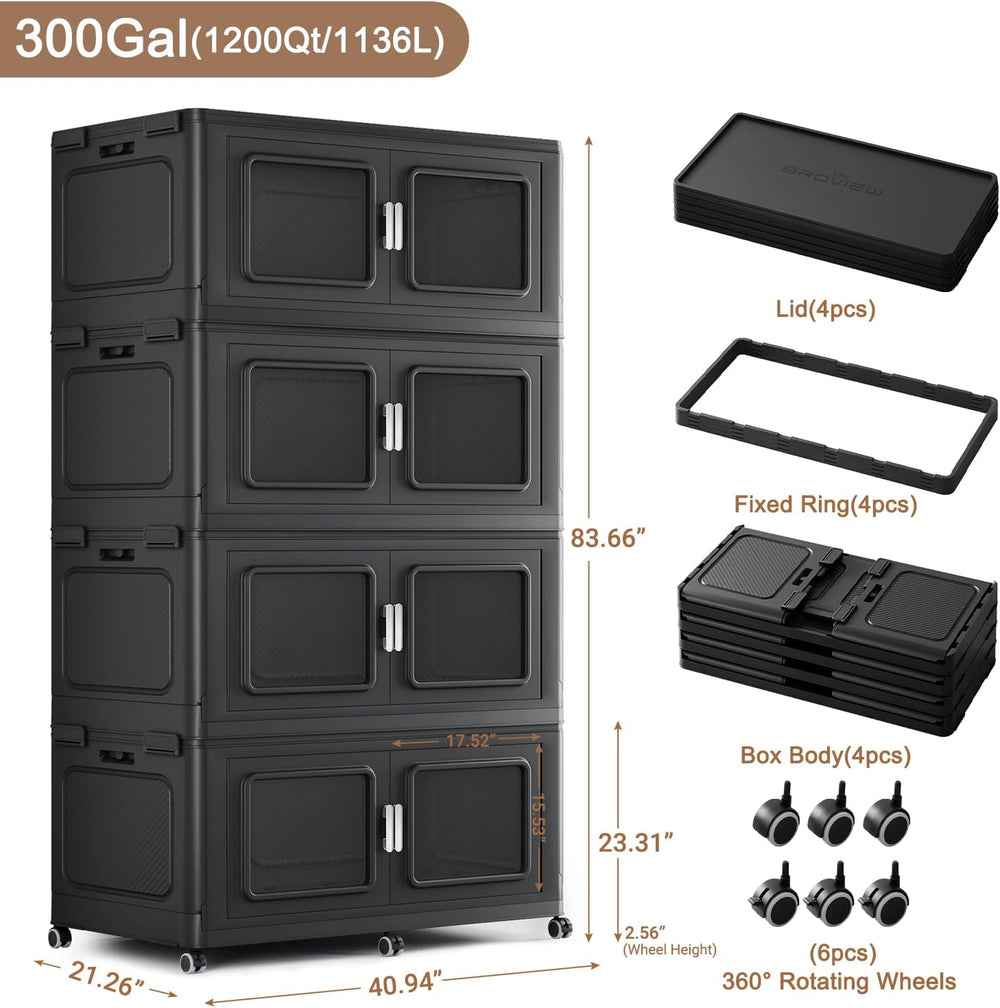 BROVIEW 1200qt Extra Large Stackable Storage Bins with Lids Black 4 Pack