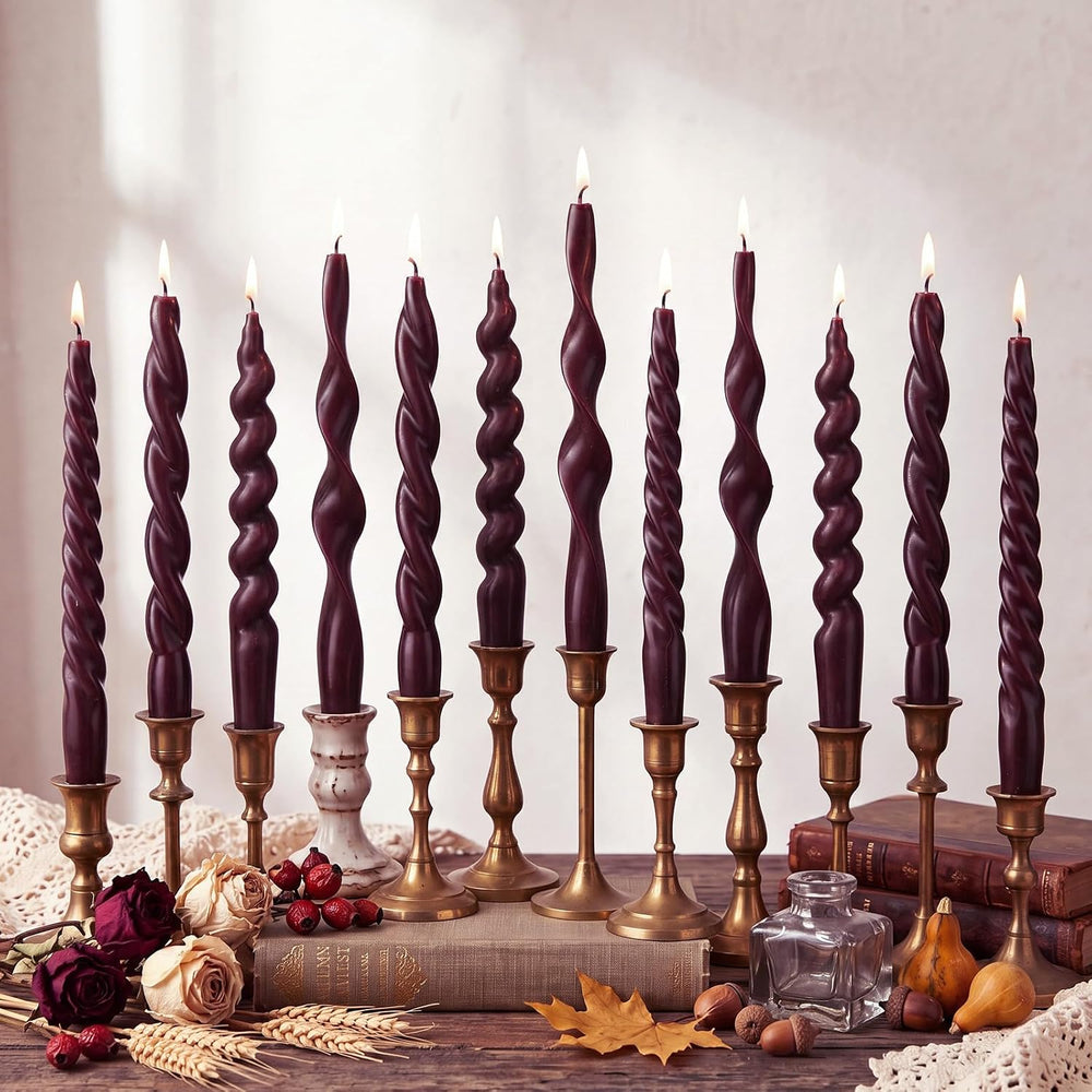 Nuanchu 12 Pcs Burgundy Spiral Taper Candles 7.5" Red Twisted Candlesticks