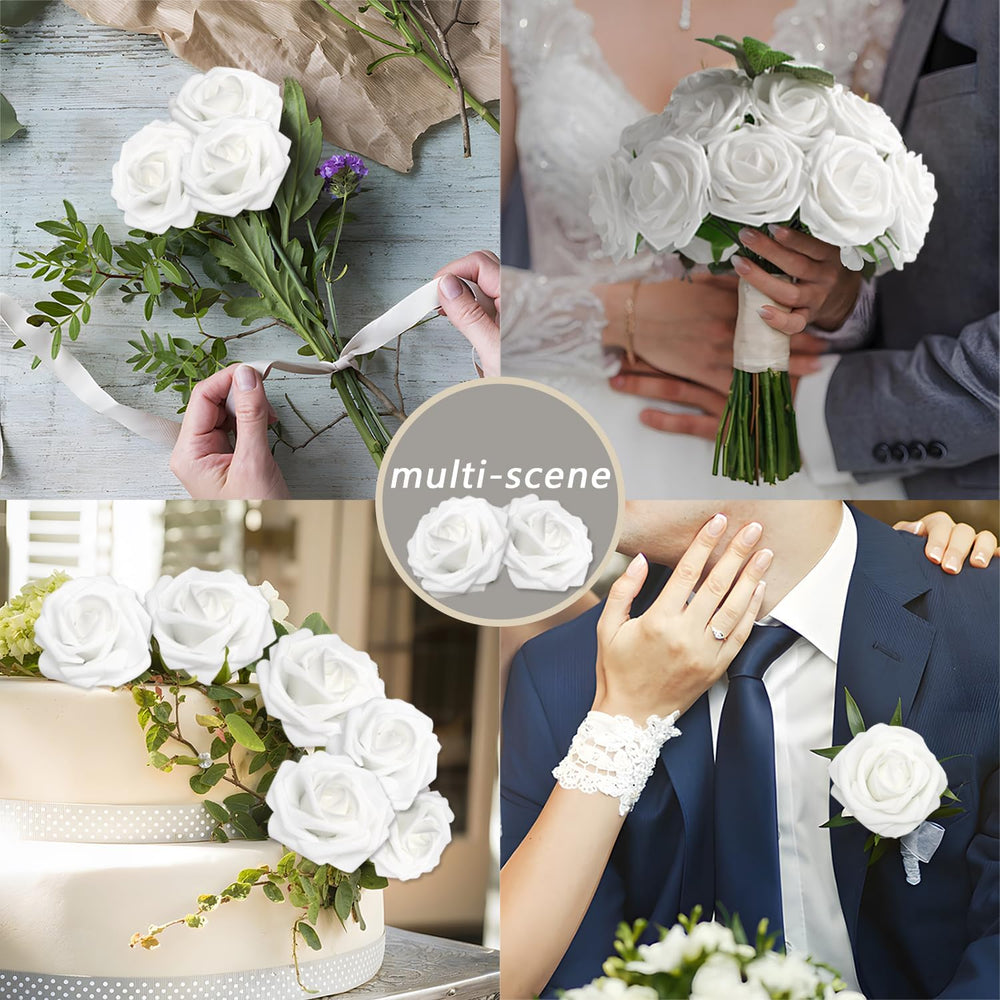 200PCS White Realistic Roses - Artificial Latex Foam Flowers with Bendable St...