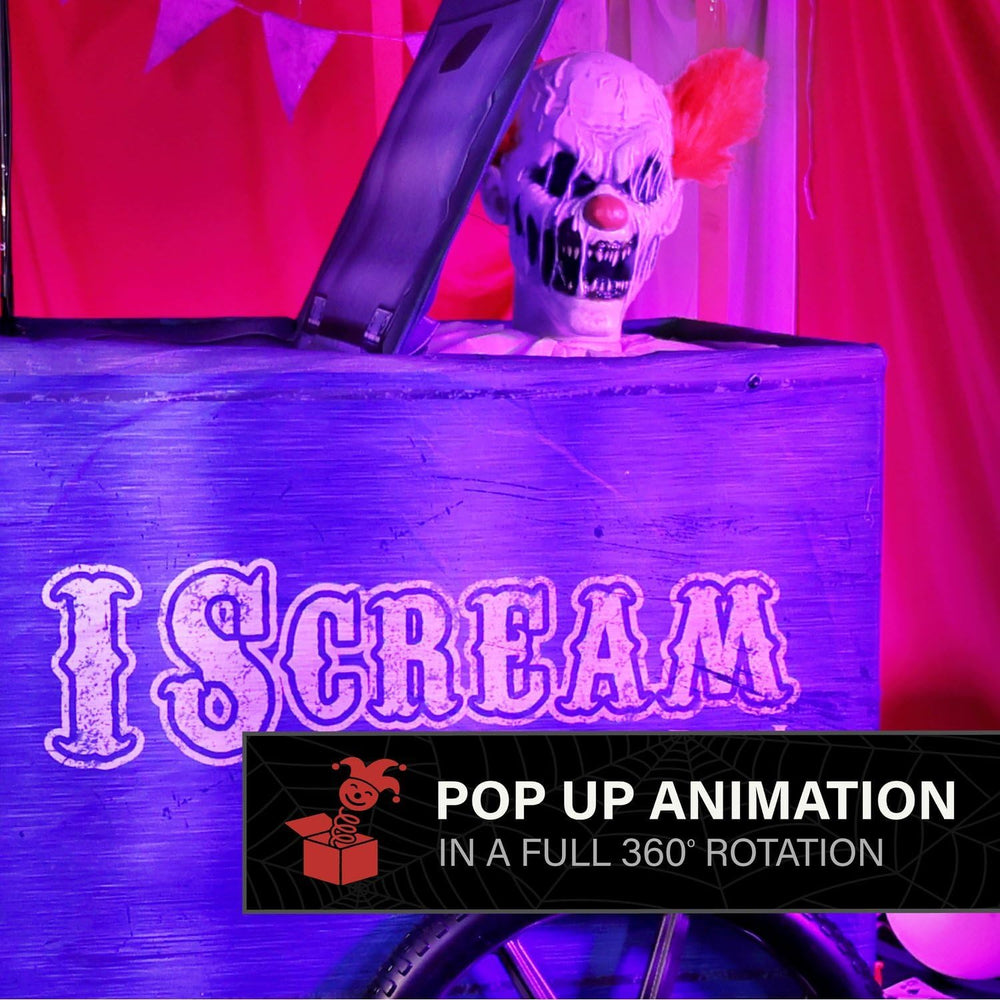Haunted Hill Farm 6-Ft. I Scream Cart Clown Animatronic Scary Decoration