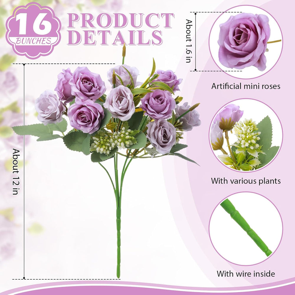 16 Bunches Artificial Rose Bouquet, Purple and Light Purple