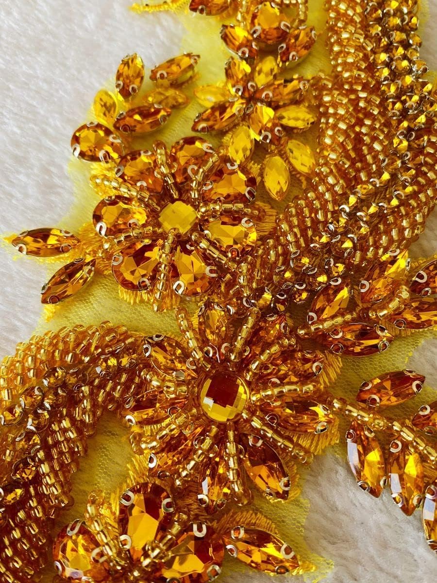Handmade Rhinestones lace Applique handsewing Beads Trim Patches for Dress Cl...
