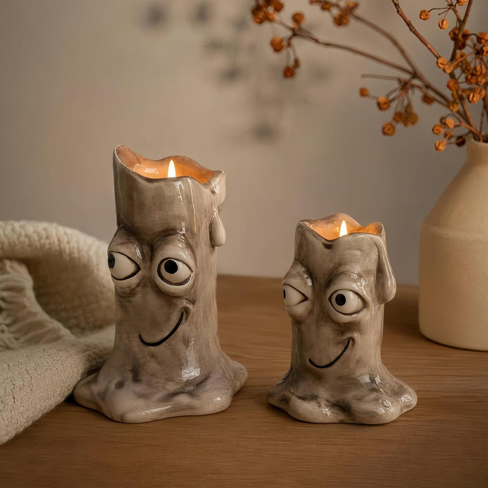 2 PCS Ceramic Candle Holders, Funny Face Decor Set for Home