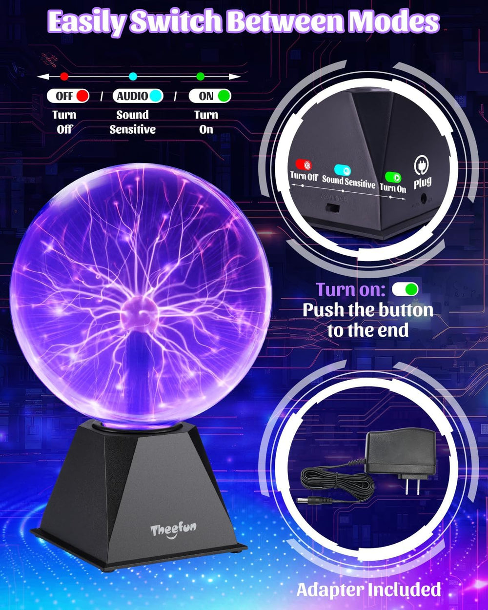 Theefun Plasma Ball 8 Inch Plasma Lamp Touch & Sound Sensitive Plasma Globe