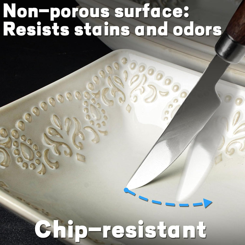 Artena Appetizer Plates Set of 4, 8.25" Embossed Ceramic Rectangular Des...