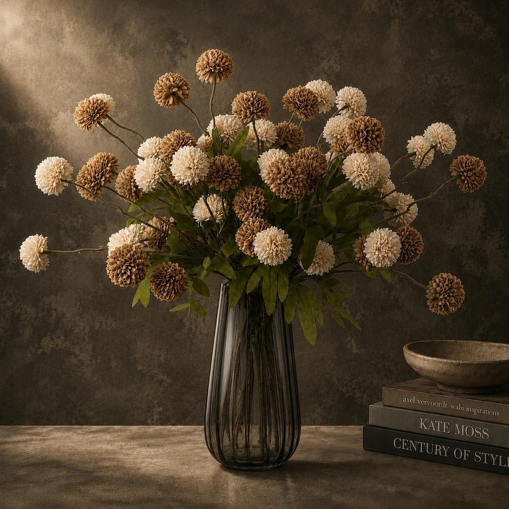 Brown Neutral Fall Decor with Vase, Artificial Chrysanthemums for Indoors