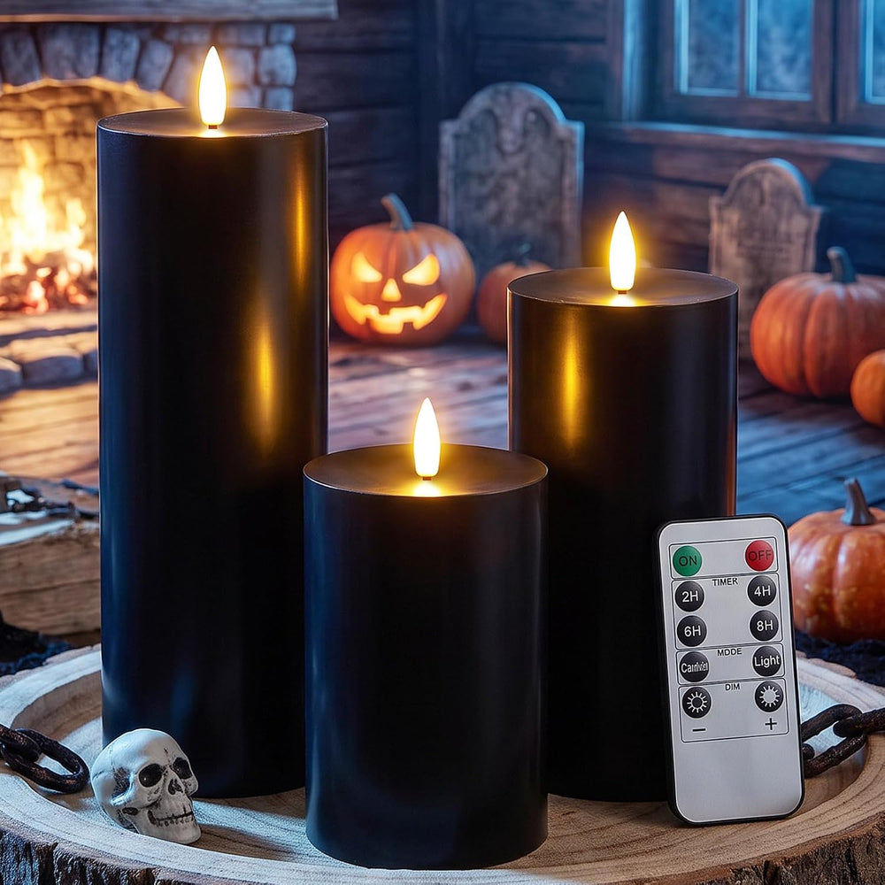 3 Pcs 6/8/12" Halloween Black Flameless LED Candle Decor for Home