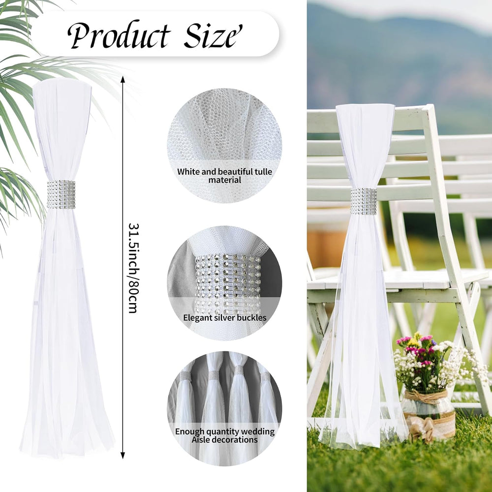 26 Sets Silver Large White Pew Bows Tulle Wedding Aisle Chair Decorations