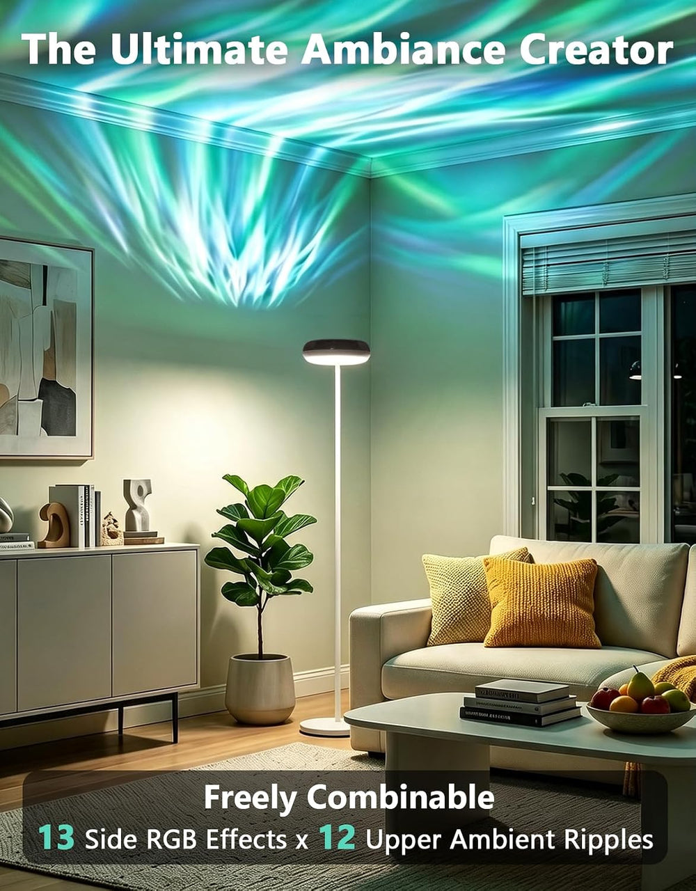 Uplighter Floor Lamp for Living Room, Ripple and Star Projector