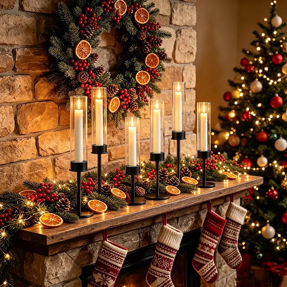 Black Taper Candle Holders Set of 6, Glass Hurricane Candlestick Holders