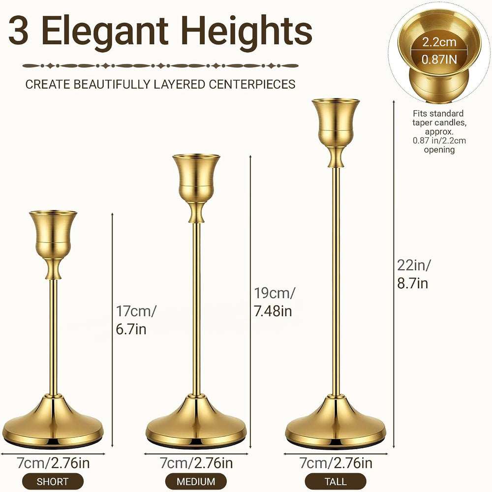48 Pack Gold Taper Candle Holders, Bulk Metal Candlestick Holders in 3 Height...