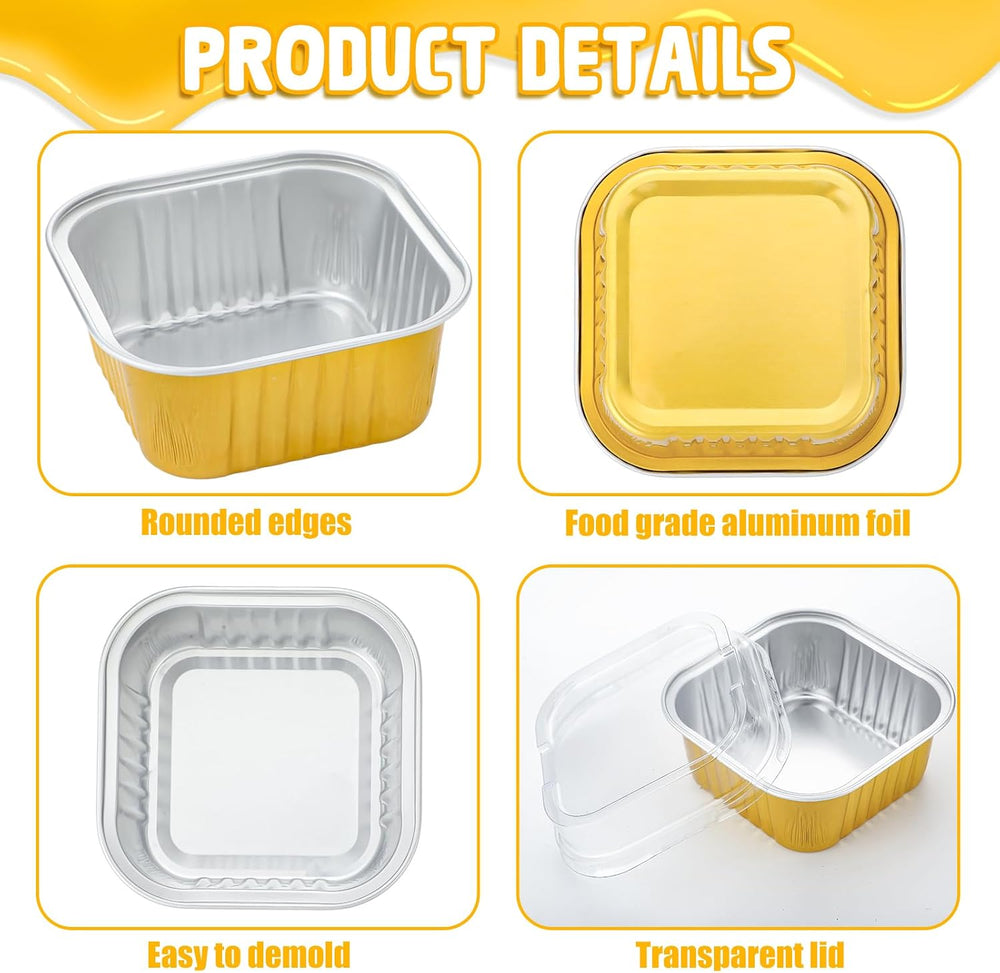 Hushee 300 Set Aluminum Foil Baking Cups with Lid Spoons, Square, Gold