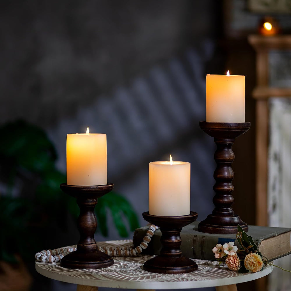 Romadedi Wood Candle Holders for Pillar, Dark Brown, Set of 3