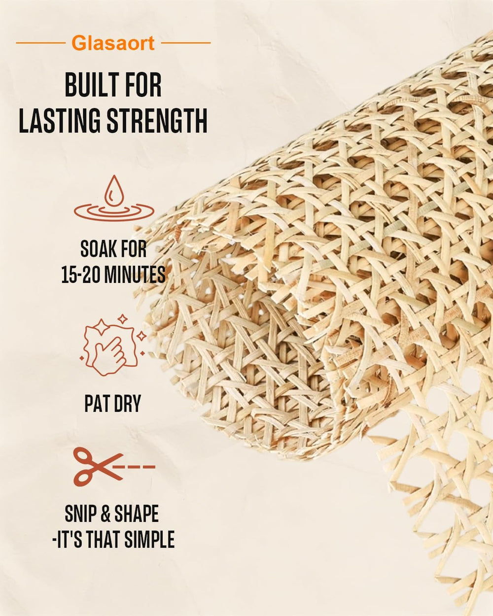 24" x 60" Natural Rattan Cane Webbing Roll, Natural Cane Webbing