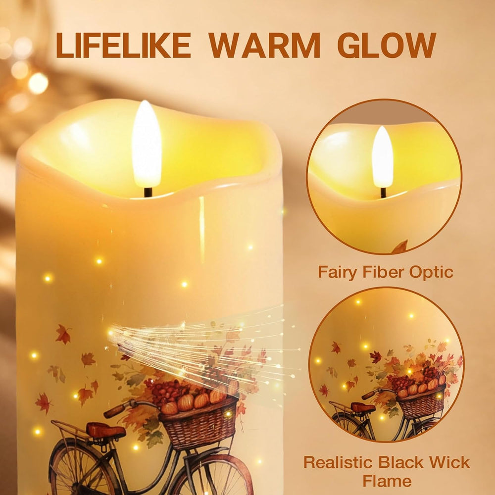 Fall Fiber Optic Flameless Pillar Candles with Remote Set of 3