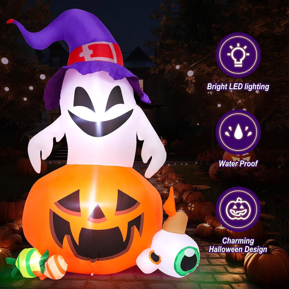 5FT Halloween Inflatable Outdoor Decoration Pumpkin Ghost with Built-in LEDs ...