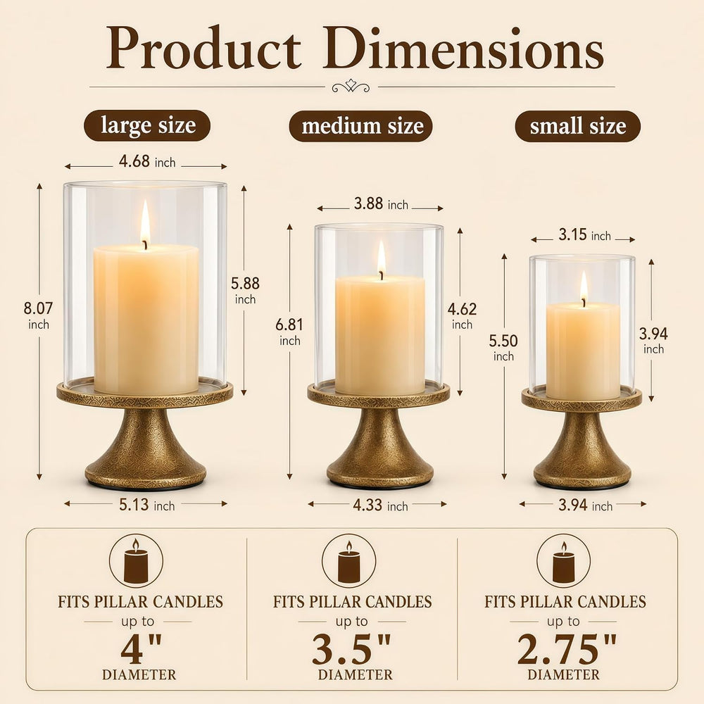 Hurricane Glass Candle Holders Set of 3, Weighted Base for Pillar Candles