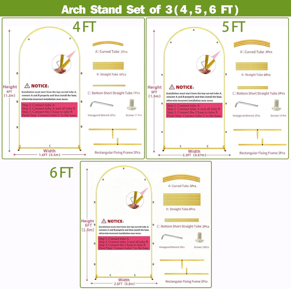 3 Pack Metal Wedding Arch (6FT, 5FT, 4FT) Backdrop Gold Balloon Stand
