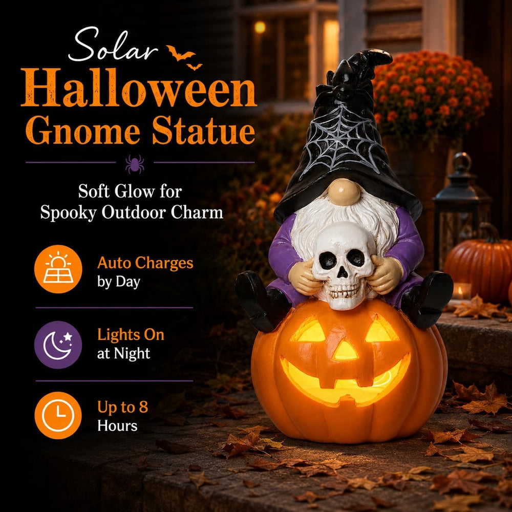 Solar Halloween Gnome Statue Outdoor Decor Lighted Pumpkin Garden Figurine