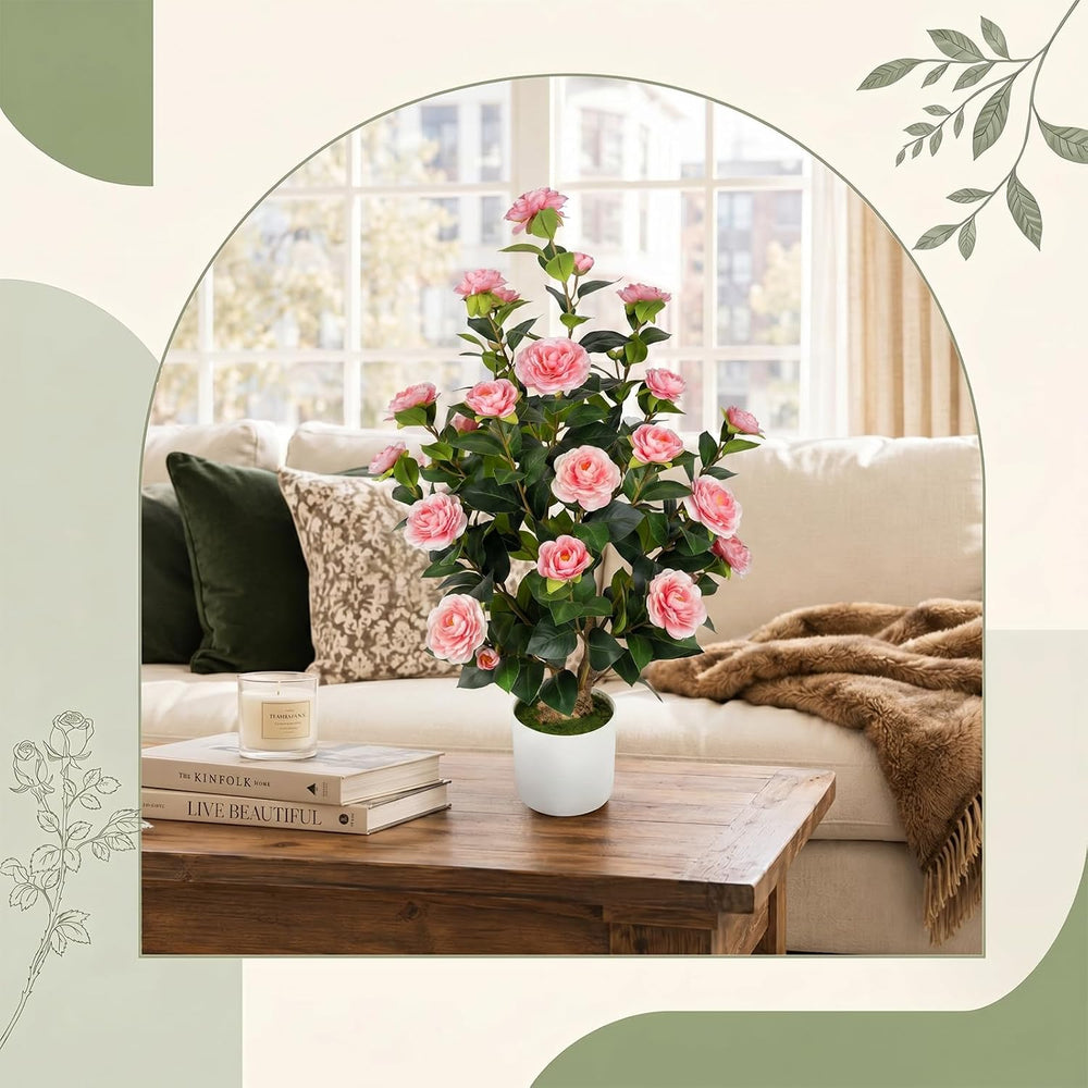 2 Pack 3FT Artificial Camellia Trees with Pink Flowers