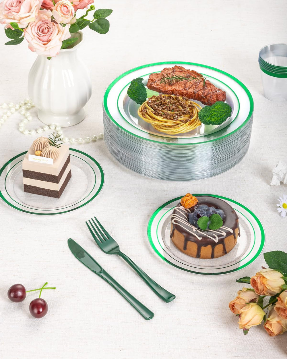 350 Pcs Clear Green Disposable Plastic Plates, Dinnerware Sets