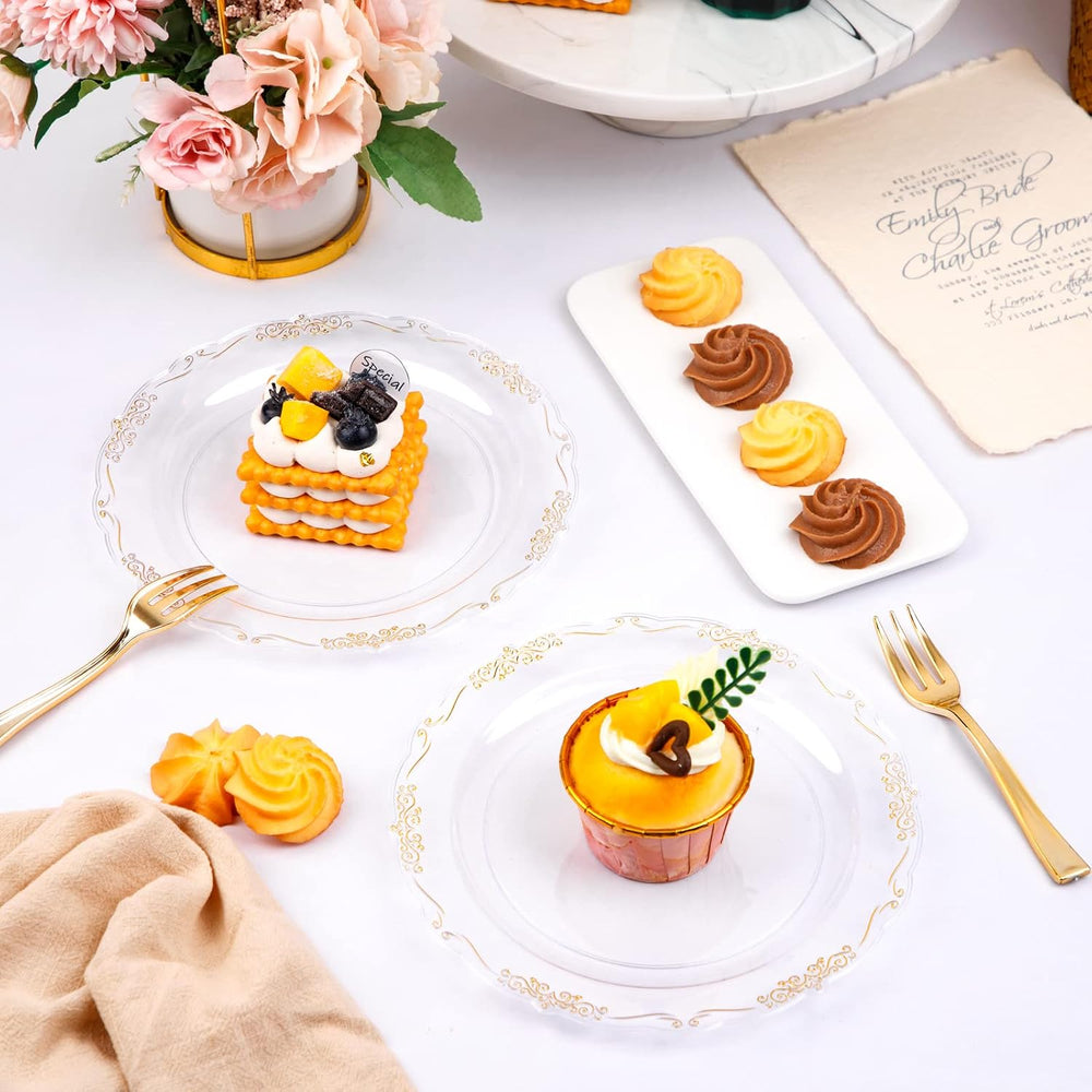 LIYH 200 Pcs Clear Gold Sturdy Plastic Cake Plates & Forks for Weddings