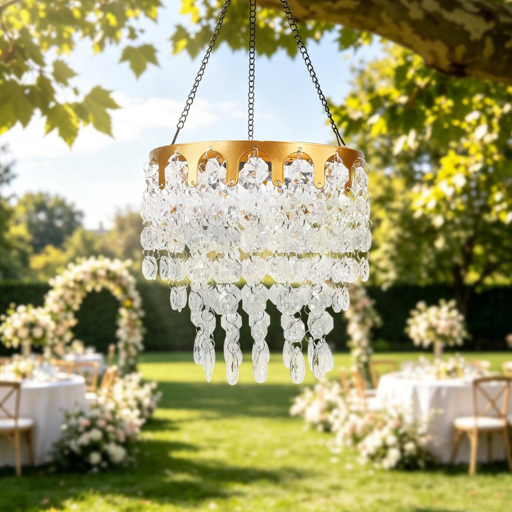 Solar Powered Hanging Chandelier Gold Metal Frame Acrylic Crystal LED Light