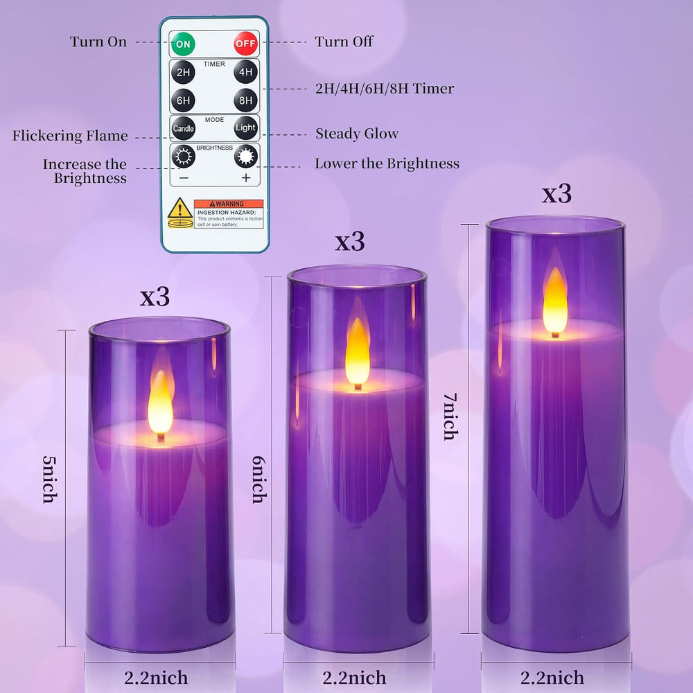 Homemory Purple Flameless LED Pillar Candles, Remote Timer, 9 Pack