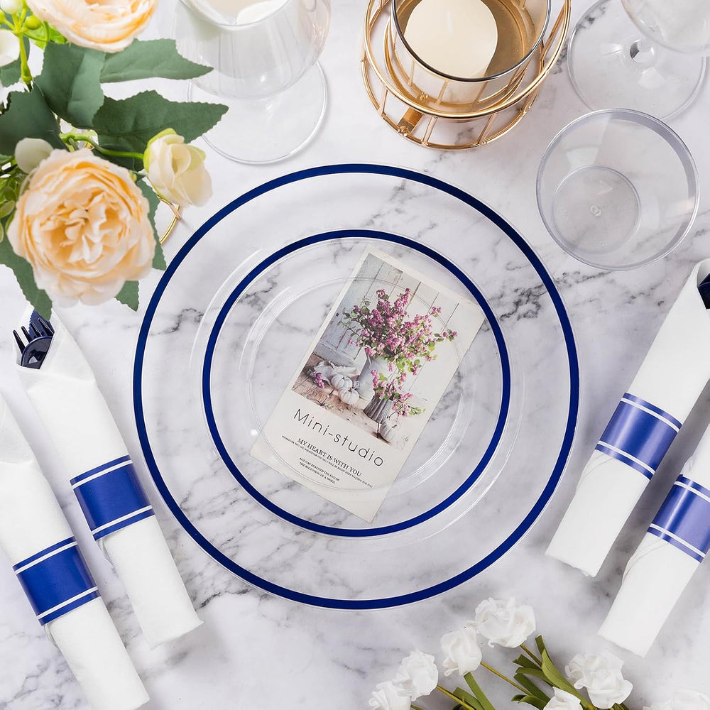 350 Pcs Clear Blue Plastic Plates Disposable for Party 50 Guests
