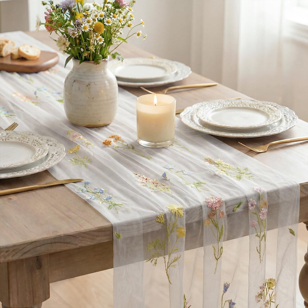 Artoid Mode 6PC Floral Milky White Embroidery Table Runner 120 Inch 10FT
