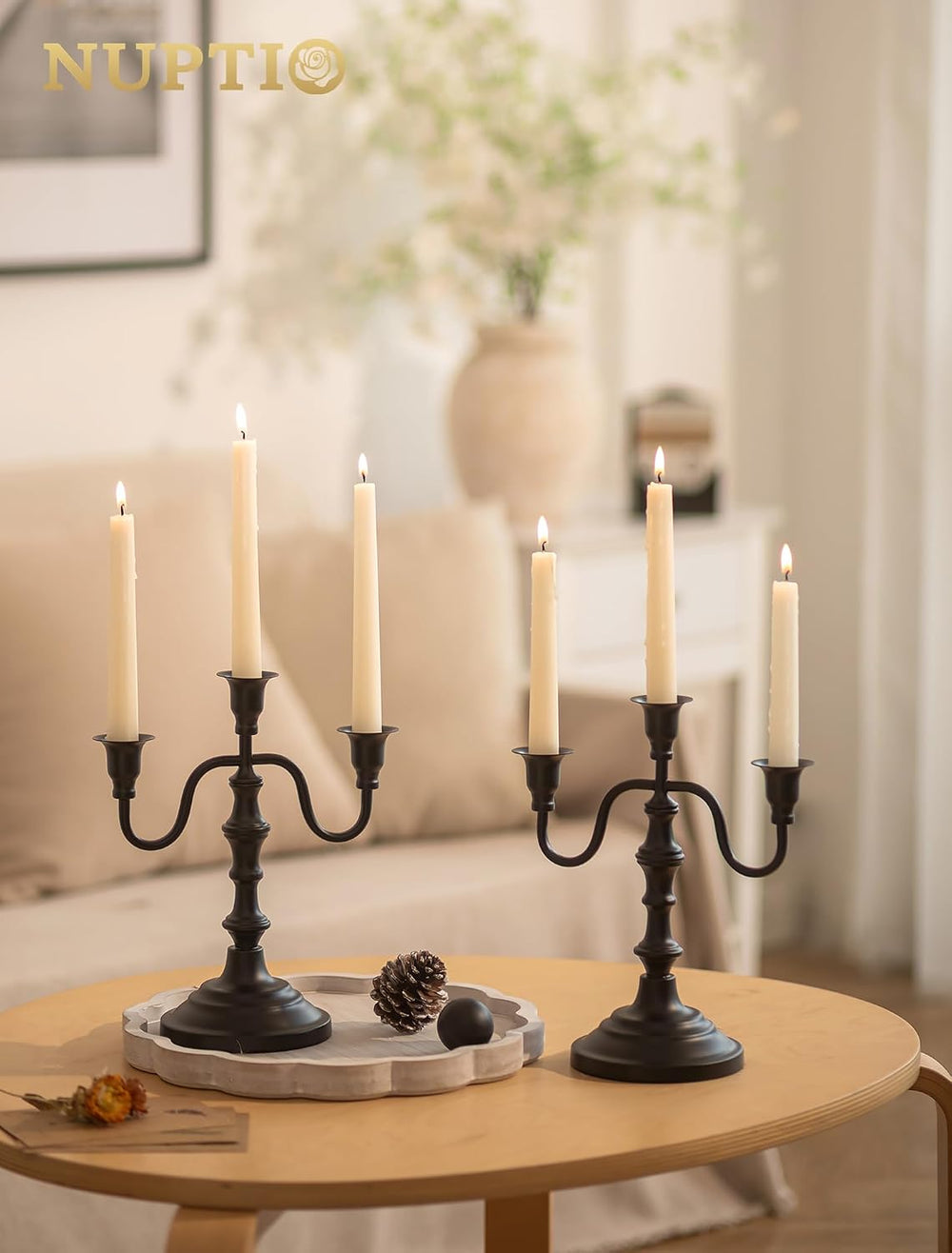 NUPTIO Candelabra Black Candle Holders: Vintage Candlestick Holder 3 Arm