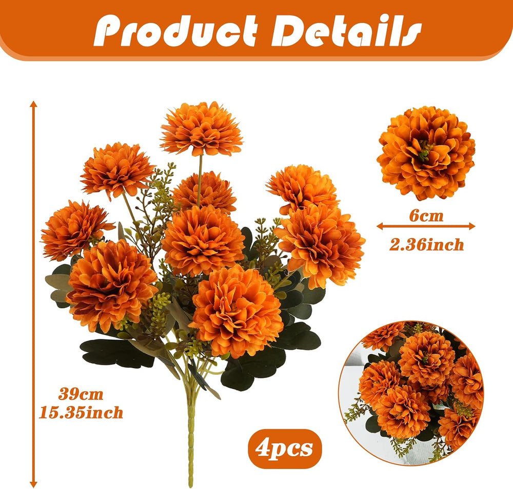 4 Pcs Large Fall Flowers Artificial Mums 36 Heads Fall Mums, Burnt Orange