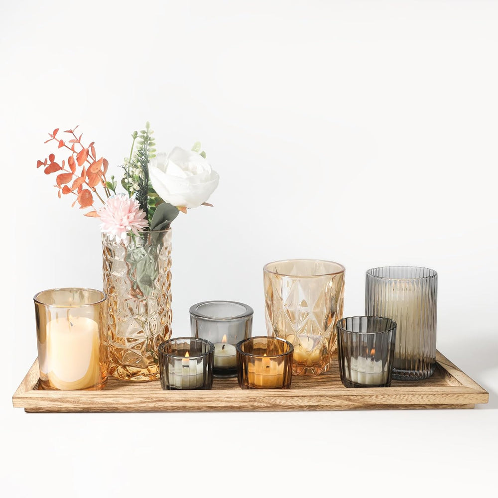 Rustic Wooden Tray with 8 Brown Glass Votive Candle Holders