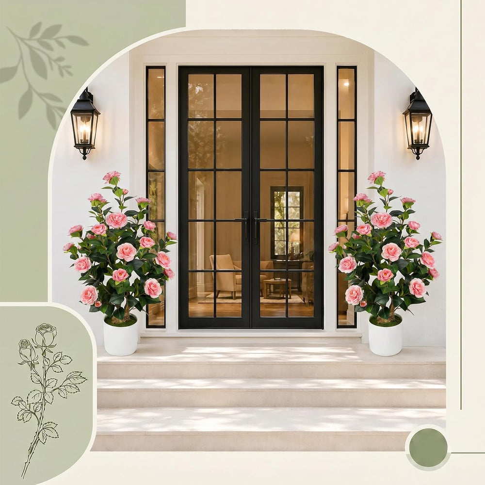 2 Pack 3FT Artificial Camellia Trees with Pink Flowers