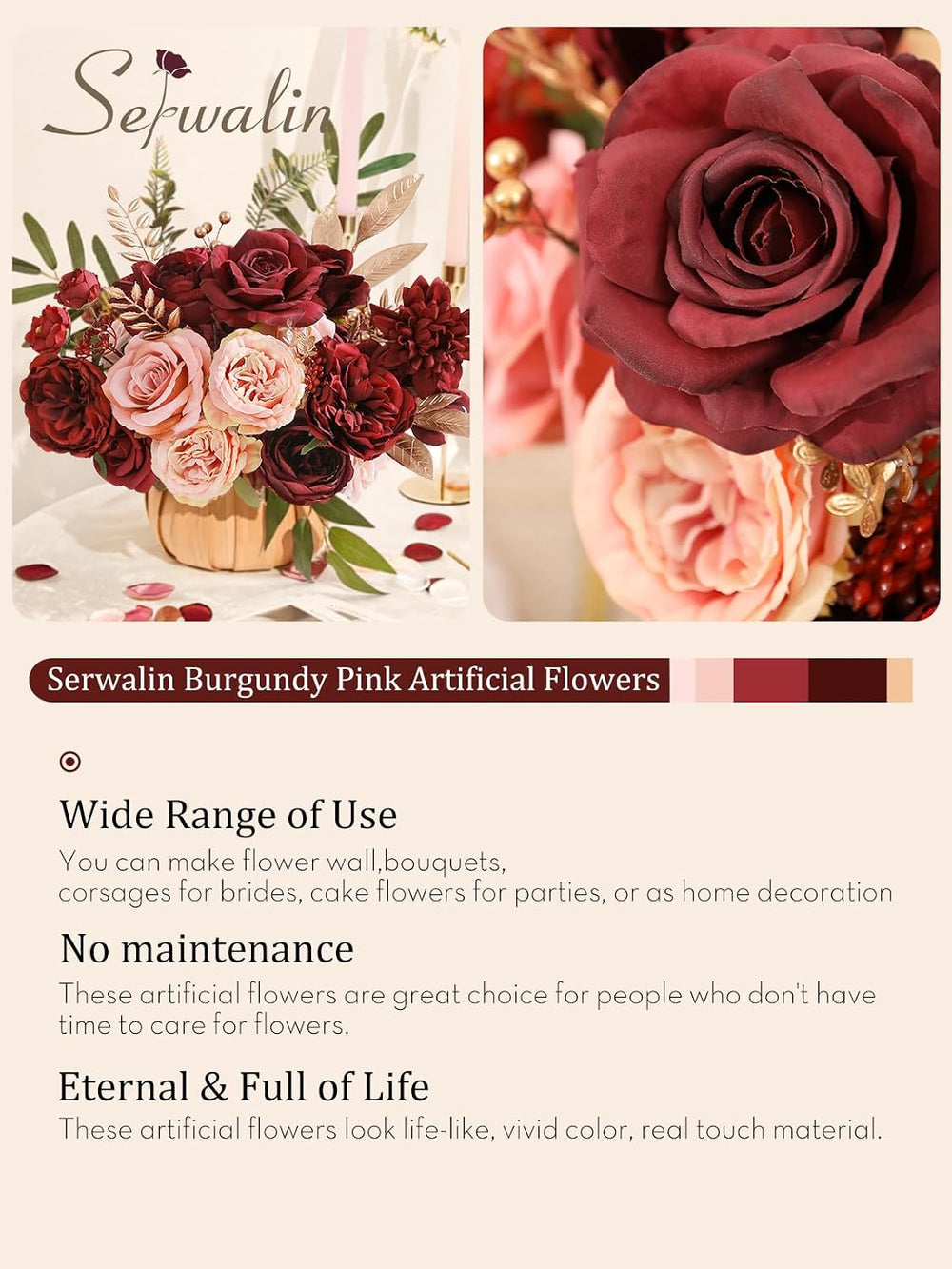 Burgundy Pink Artificial Flowers, Fake Silk Flowers for Wedding