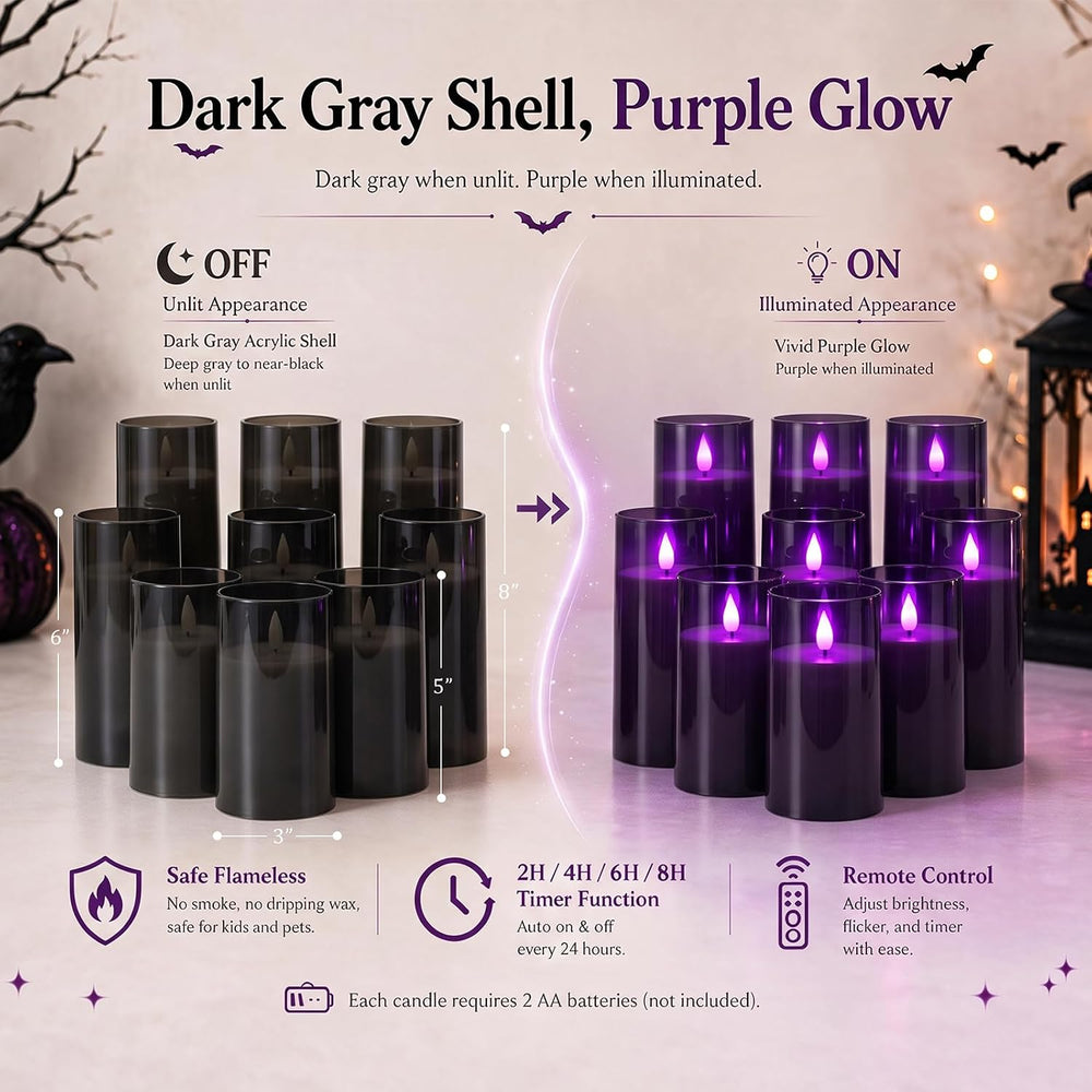 Homemory Dark Gray Flameless Candles, Purple Glow, Remote Timer, Set of 9