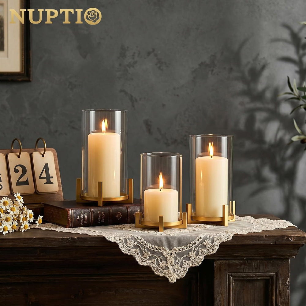 NUPTIO Gold Pillar Candle Holder: Hurricane Glass Candle Stands with Sleeve
